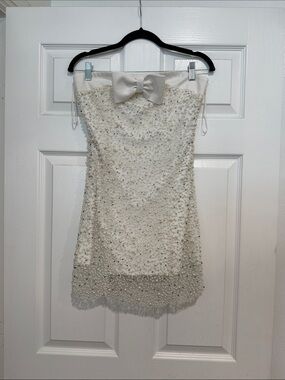 REVOLVE Strapless Beaded Mini Dress in Cream with Satin Bow